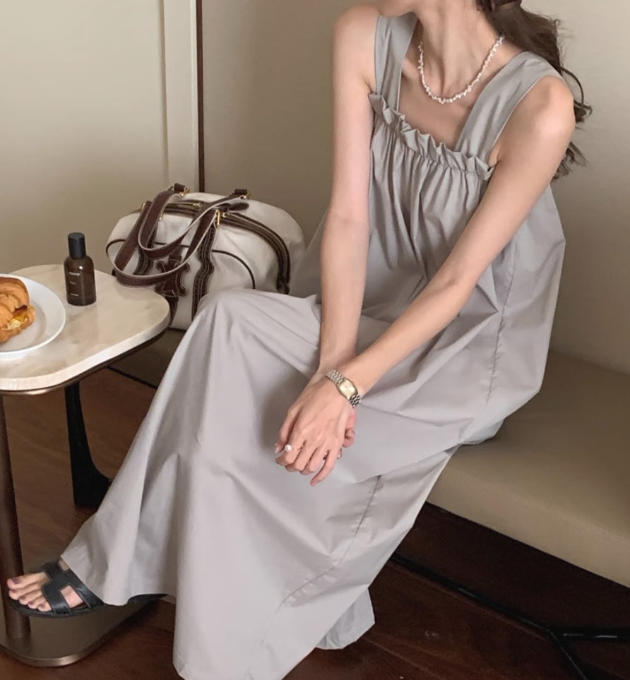 ワンピース デート モテアイテム フレア ロング丈 ノースリーブ フリル コットン 大人可愛い きれいめ 上品 おしゃれ かっこいい 大人可愛い ラブリー キュート ガーリー クール モード系