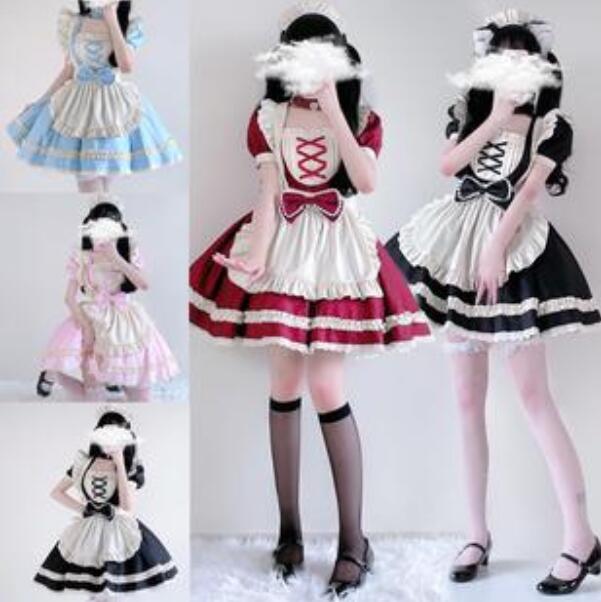 【超人気商品】メイド服5点セット ロリータワンピース　半袖　可愛いレディースメイド服　ロリータドレス リボン　フレア　もえもえドレス コスチュームドレス ワンピース エプロン カチューシャお姫様 ゴス