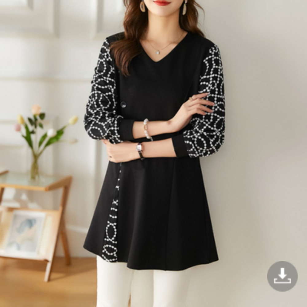 ルルビューティーファッションビッグサイズ女性袖幾何学模様体型カバーVネックロングブラウスE0029 5,042円