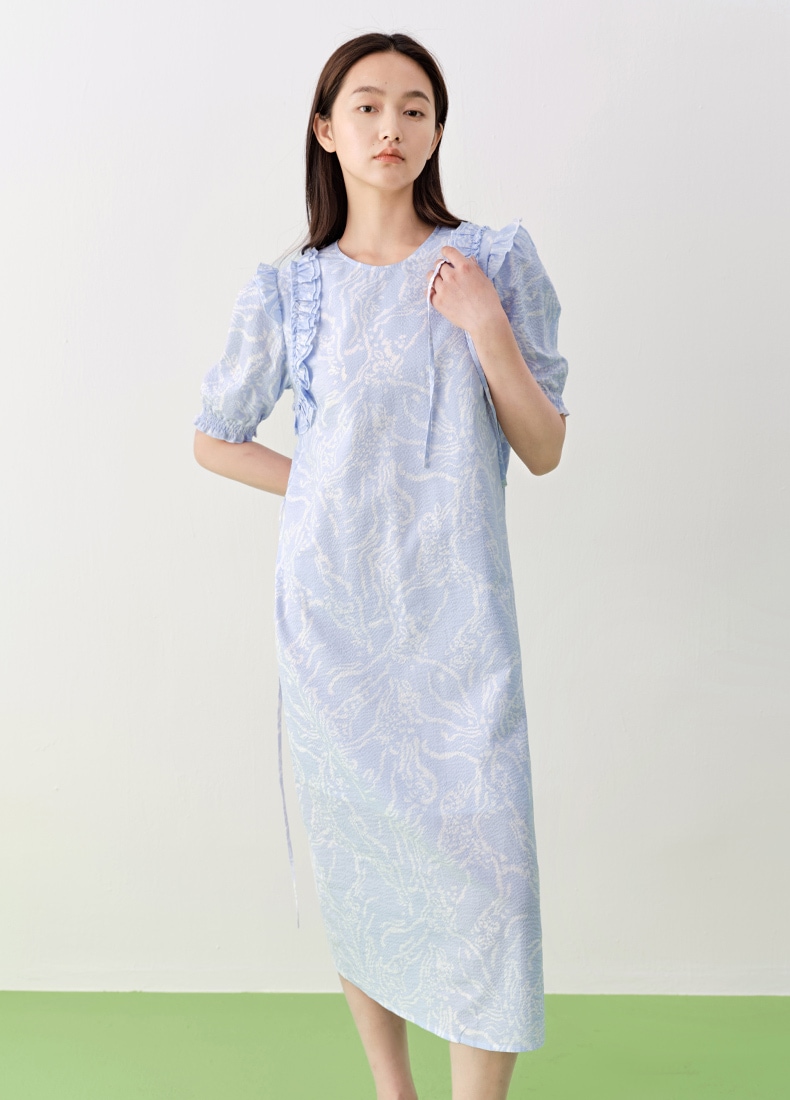 レディース ふんわり ワンピース レース 花柄 パフ スリーブ ドレス 女性 夏 ラウンド ネック スカート 甘い ブルー S M L 袖あり かわいい 大人可愛い きれいめ シンプル カジュアル