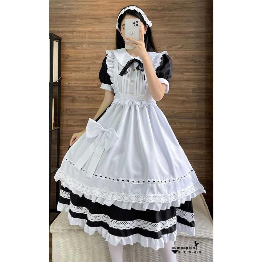 新作ハロウィングッズ メイド服 ロング丈 ひざ下丈 コスプレ 衣装 ハロウィン 仮装 レディース 女性 半袖 大人 可愛い ウェイトレス メイド仮装 フルセット レースフリル ワンピース 2枚購入で3