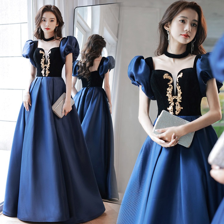 送料無料 イブニングドレス ブルー ベロア ベルベット ロングドレス 発表会ドレス パフスリーブ サテン ドレス オシャレ キレイめ プリンセス風 ロング パーティードレス お呼ばれドレス ロング A