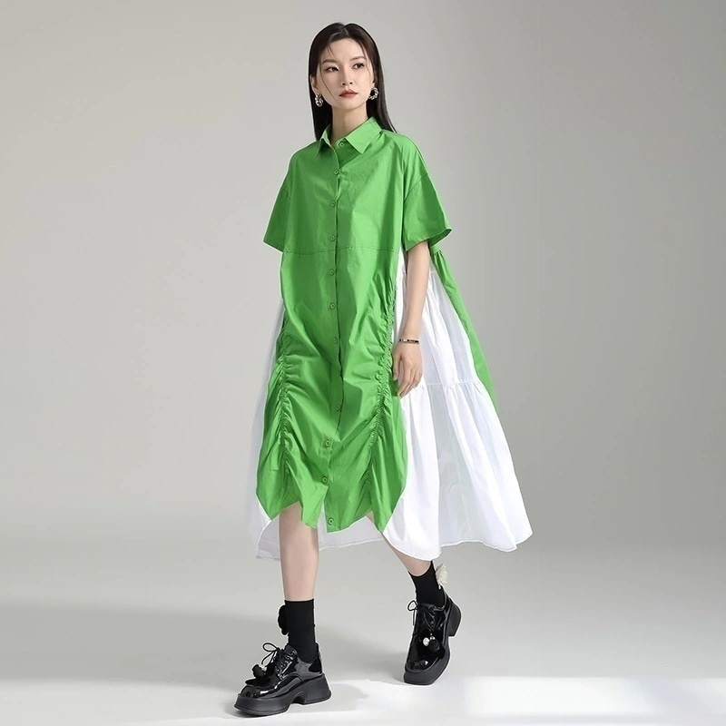 【J.Fashion】 シャツワンピース 夏 ドッキング 大きい裾 不規則 皺デザイン ロングワンピース レディース おしゃれ 上質 関連商品は店で購入可能 メガ割30%までに制限