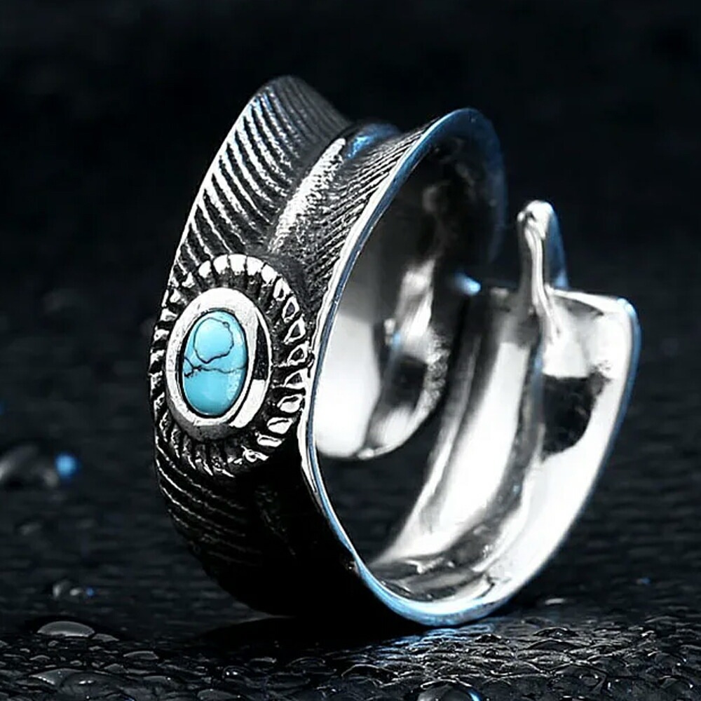エンブレムターコイズフェザーステンレスリング(ZRO003)指輪 フリーサイズ 13-32号 微調整可能 トルコ石 羽根 翼 人気 プレゼント 男性 女性 親人差し中薬小指 r0864xxxxxxxx