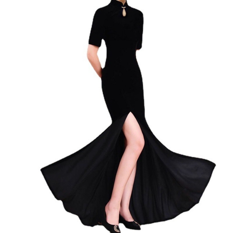 ワンピースドレスドレス女性のための形状のチョンサムドレスヤングブラックベルベットテイルスカートスカート温度ショーロングスタイル
