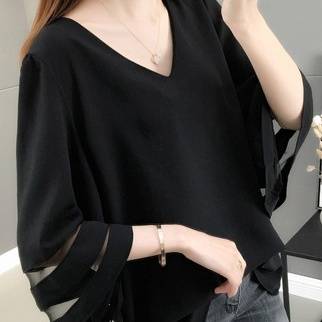 トップス レディース ブラウス チュニック 透け感 七分袖 春 秋 無地 ホワイト ブラック ネイビー 3色展開 Vネック オーバーサイズ 休日 お出かけ コーデ 普段使い 着回し 楽ちん カジュアル