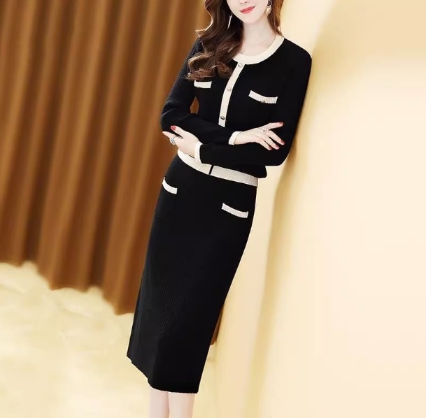 セット セーター ニットスカート 膝丈 長袖 Vネック クルーネック ボウタイ デザイン トリム 美ライン ニュアンス ニット カラバリ バイカラー スタイルアップ かわいい 大人可愛い きれいめ