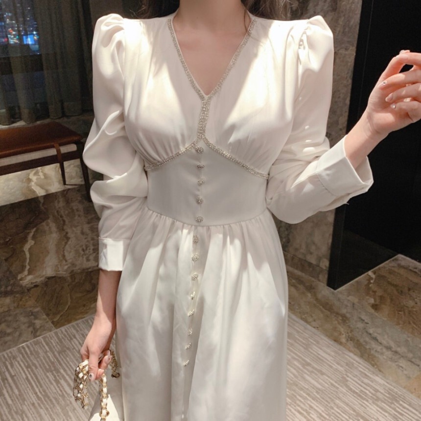 ワンピース ロングワンピース Aラインワンピース フレアワンピース ロング丈 ミモレ丈 Vネック
