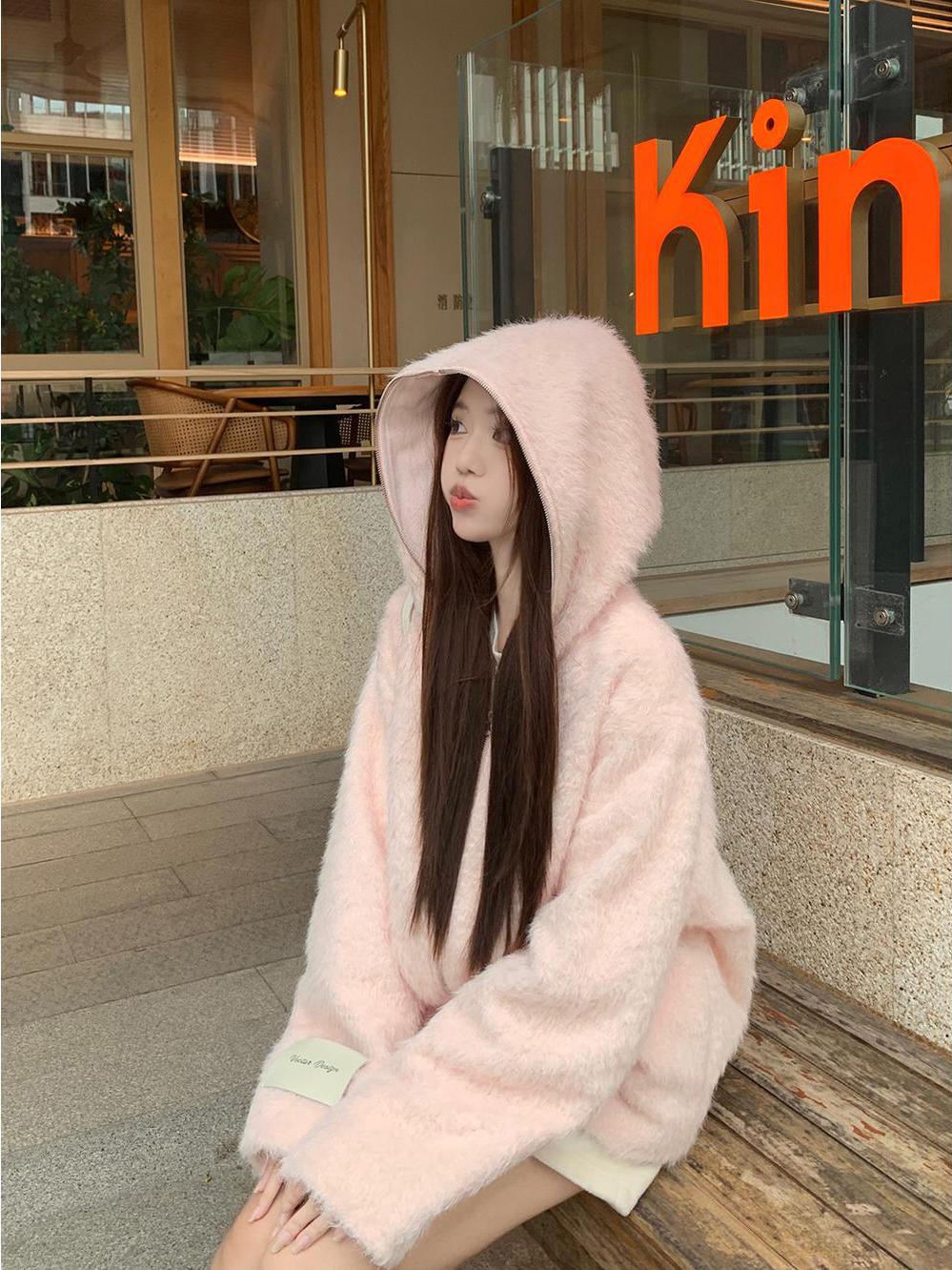 トップスパーカー暖かい トップスかわいい 2024 厚手 フード付き韓国風長袖ゆったり細見えおしゃれレトロシルエット大人っぽ韓国フルサイズファッション系ルーズレディースサイド学生通学羽織り パーカー