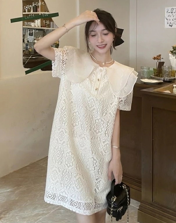 ビッグカラー レースワンピース 半袖 シンプル かわいい 上品 キュ新作 体型カバー 若見え ゆめかわいい 可愛い パーティー 通勤 通学 デイリー 日常 20代 30代 40代 50代 60代