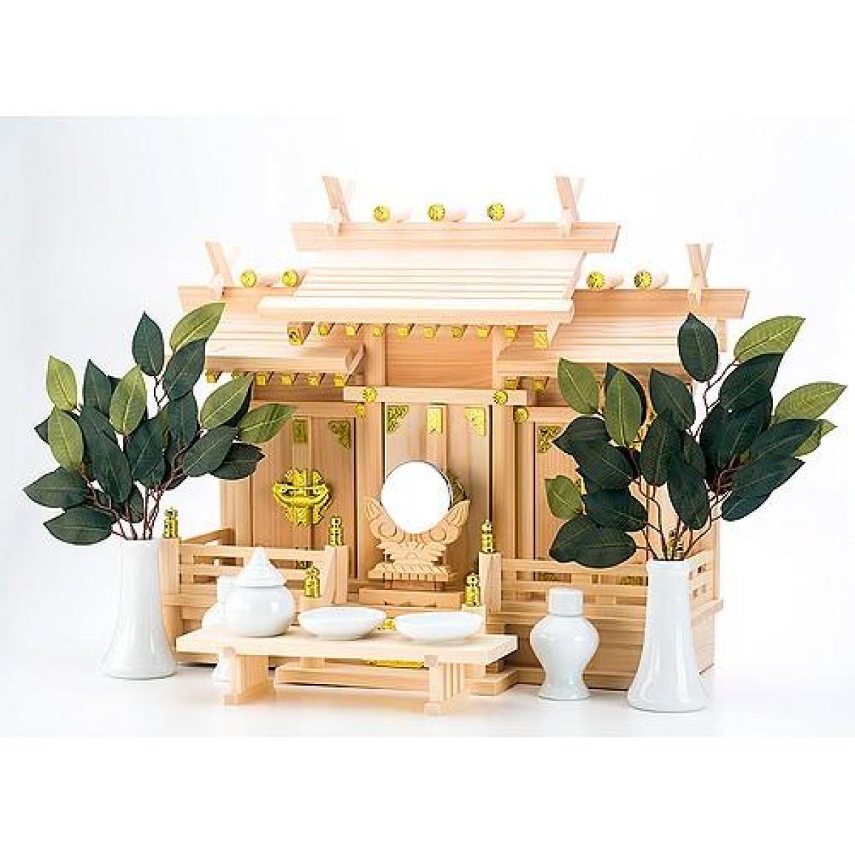 静岡木工 神棚の里 屋根違い三社 神具セット 明津（あくつ）小 神棚 日本製