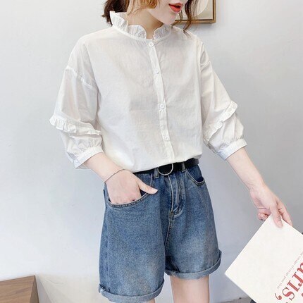 ブラウス シャツ カットソー 七分袖 ノーカラー ハイネック フリル 前ボタン 薄手 かわいい 大人可愛い ガーリーシンプル フェミニン 春 夏 秋 デート お出かけ 学生 韓国 モテ S L