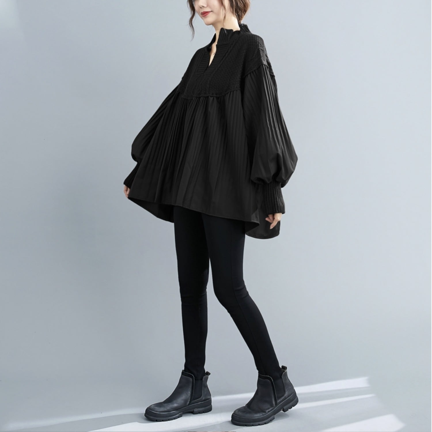 トップス プルオーバー チュニック ニット プリーツスカート 袖あり 長袖 ランタンスリーブ Vネック ゆったり プリーツ 異素材MIX かわいい 大人可愛い 大人 おしゃれ お洒落 大人女子