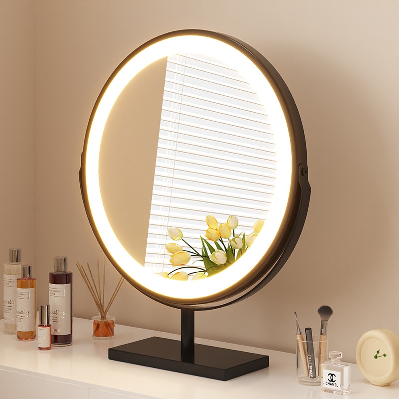 ドレッシングテーブルランプテーブル付きラウンドミラートップトップ高品質のラミナスドレッシングミラー回転可能なベッドルームスマートメイクミラー