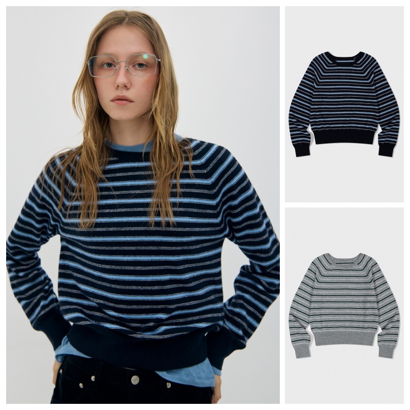 【LOW CLASSIC】 MERINO CASHMERE STRIPED SWEATER : 2COLORS