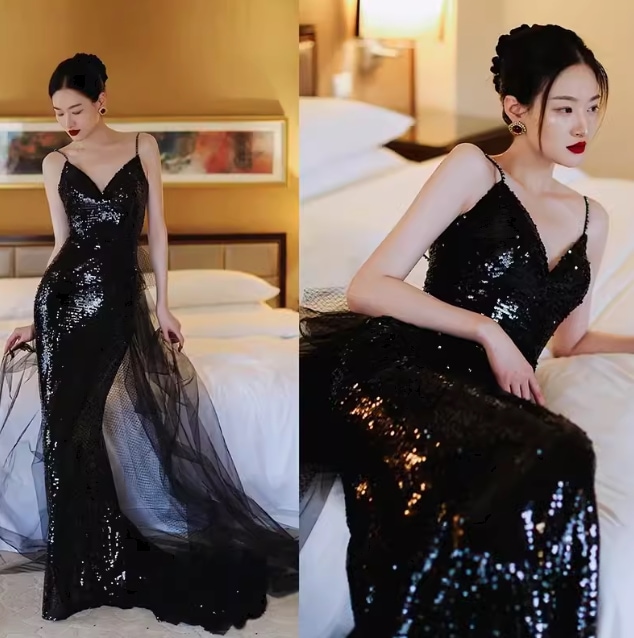 ドレス ワンピース パーティー ステージ 舞台 衣装 クラブ マキシ 袖なし ノースリーブ Vネック スレンダー スリム チュール おしゃれ かっこいい 存在感 ゴージャス エレガント 無地 イベント