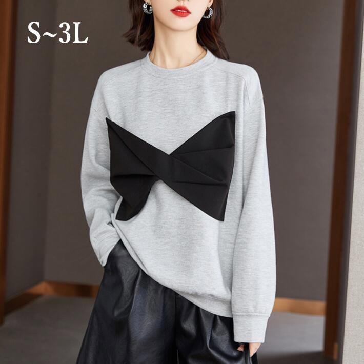 トレーナー　レディース　リボン　ドルマン　ルームウエア　パーカー　スウェット　部屋着　コットン　長袖 体型カバー　ゆったり　シンプル　 無地　大きいサイズ　春秋冬　S　M　L　2L　3L