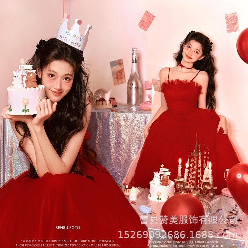 写真スタジオ新しいスタイル赤いガーゼスカート女の子誕生日絵画クリスマステーマアート写真個人写真撮影服