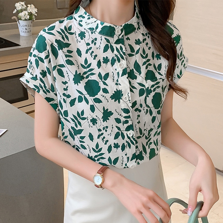 シャツ トップス リーフ柄ノーカラーシャツ レディース ノーカラーシャツ リーフ柄 半袖 フレンチスリーブ リーフ柄シャツ プリントシャツ ブラウス 緑 グリーン オシャレ シンプル きちんと感