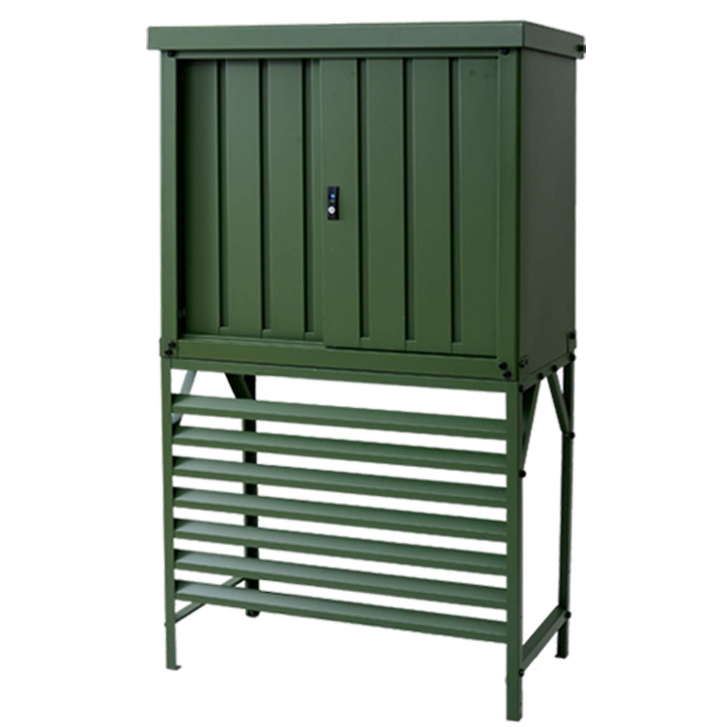 ガーデンマスター 収納庫付き室外機カバー 幅93×奥行50×高さ164cm 鍵付き/転倒防止設計/可動棚板付属 室外機ラック エアコンラック 物置 屋外 おしゃれ カーキ