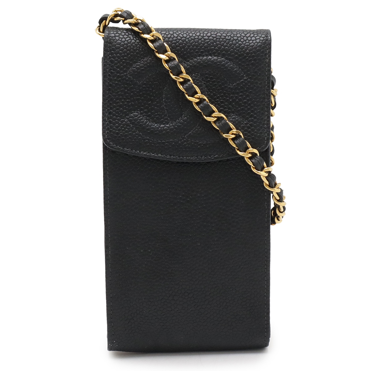 ココマーク ポシェット チェーンショルダーバッグ スマホケース スマホポーチ 携帯 キャビアスキン レザー ブラック ゴールド金