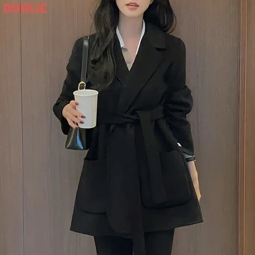 ストラップ付ウール混テーラードカラーアウトポケットハーフコート・1941462