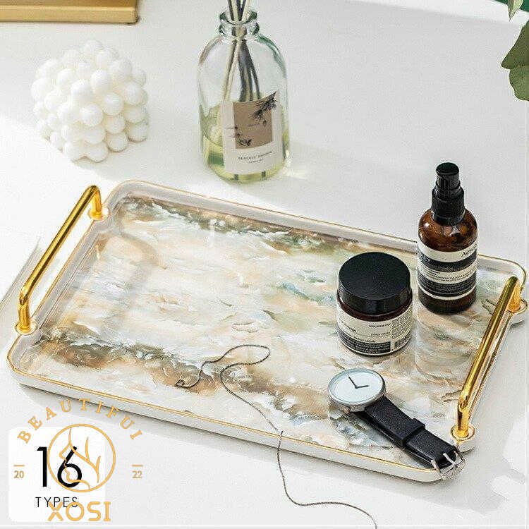 リビング用品 キッチン用品 整理整頓 トレイ 取っ手 無地 大理石調 ラグジュアリー モダンテイスト ホワイト ゴールド 可愛い/[ahw12]