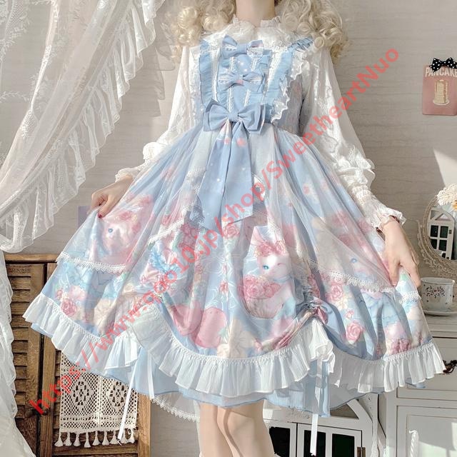 Lolita小花うさぎの洋装ロングテールモップjskキャミソールワンピース夏