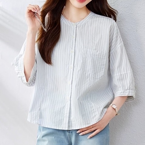 トップス シャツ 5分袖 クルーネック 前開き ボタン 胸ポケット ショート丈 可愛い かわいい 大人可愛い きれいめ シンプル 上品 レトロ おしゃれ かっこいい カジュアル こなれ感 個性的 6,856円