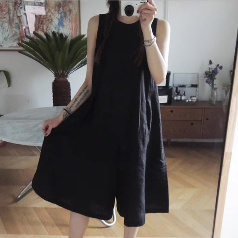 レディース パンツ サロペット ワイドパンツ 7分丈 アンクル丈 クロップド丈 袖なし ノースリーブ Uネック ラウンドネック ワイド ストレート フェミニン ストリート 薄手 リネン 綿