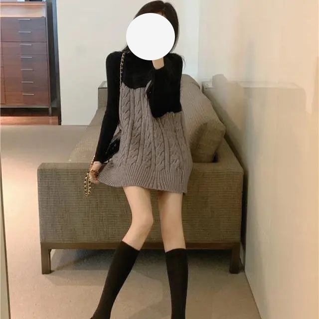 セット韓国版フレンチ開叉長袖トップス+カジュアルニットセーターベスト