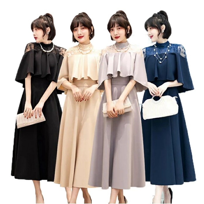 パーティードレス ロング 大きいサイズ 結婚式 ワンピース ロング丈 袖あり ドレス パーティドレス チュール 結婚式ドレス お呼ばれドレス フォーマル　ハイネック　レース＆刺繍　４色