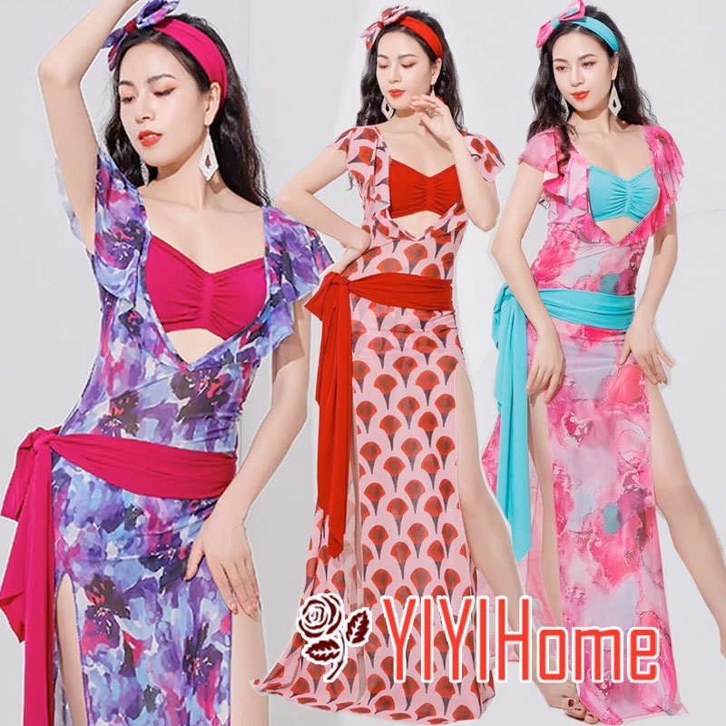 2026年新製品 ベリーダンス ダンス衣装 セット ハロウィン コスプレ 仮装 パーティー 余興用 レッスン着 ワンピース ベルト ヘアバンド インナーパンツ４点セット 社交ダンス　発表会　ラテンダン