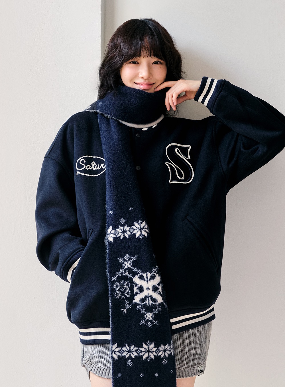 【SATUR】 S APPLIQUE WOOL VARSITY JACKET : NAVY