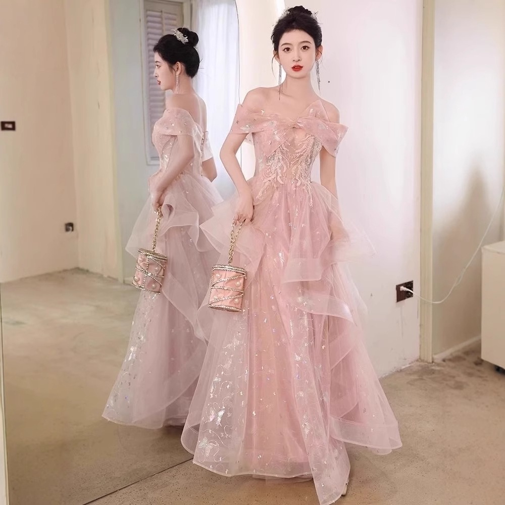 【送.料.無.料.急速発送】ピンクの肩出し仙気スカート仙姫スカートドレス 演奏会 ウェディング 発表会 成人式 二次会 お呼ばれ