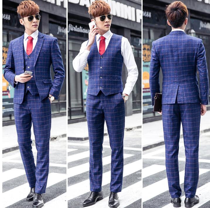 チェック柄セットアップ スリムスーツ ビジネススーツ 3点セットアップ フォーマルスーツ 結婚式スー