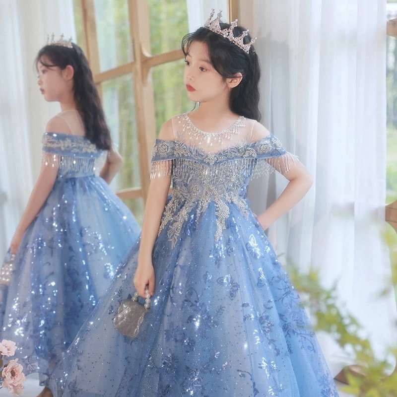 子供ドレス ブルー ピアノ発表会ドレス ロング キラキラドレス スパンコール フリンジ ドレス 素敵 キレイめ 演奏会ドレス 女児ドレス キラキラ 子供ドレス ピアノ発表会 キッズドレス 110~16