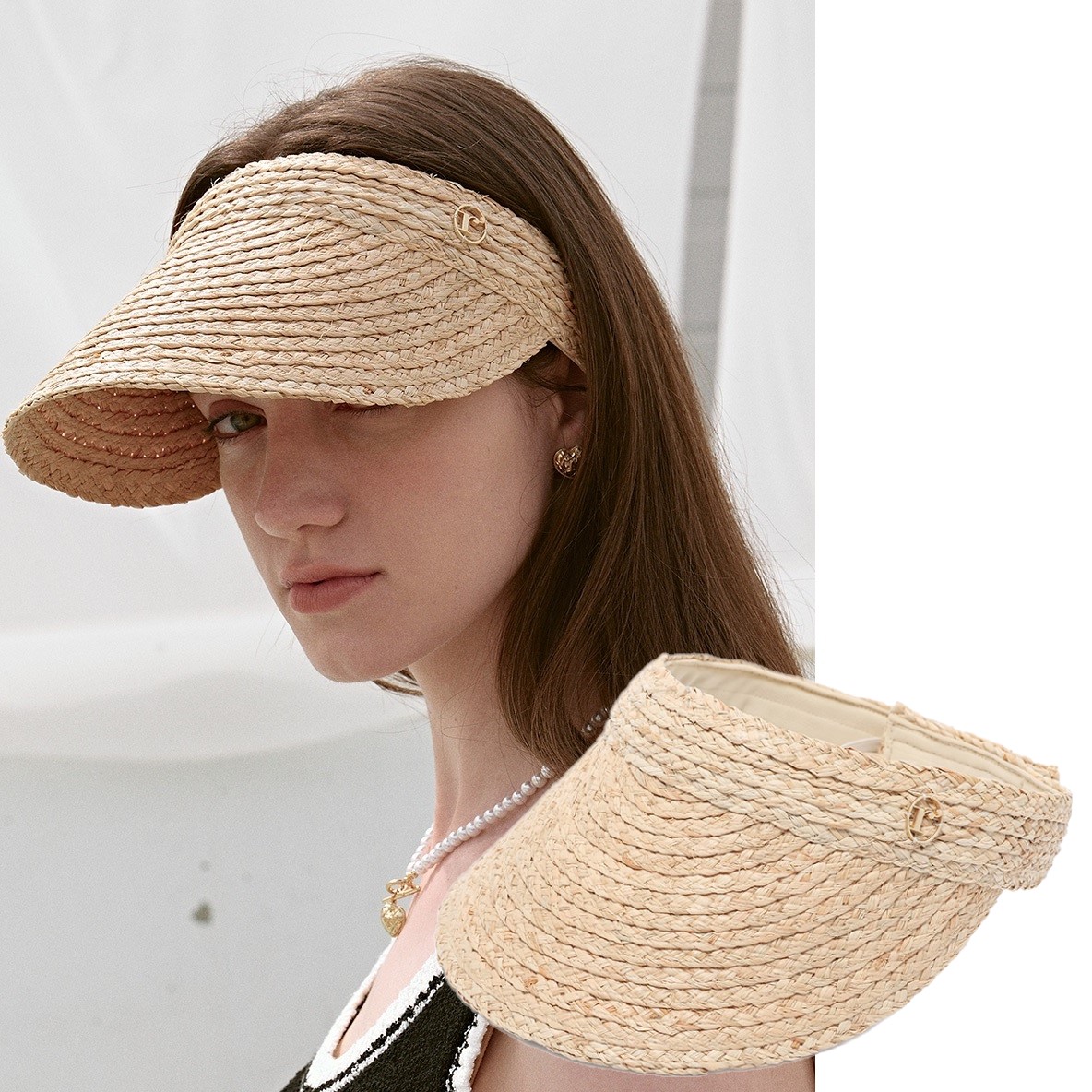 [人気夏ファッション] LOGO RAFFIA SUN VISOR BEIGE