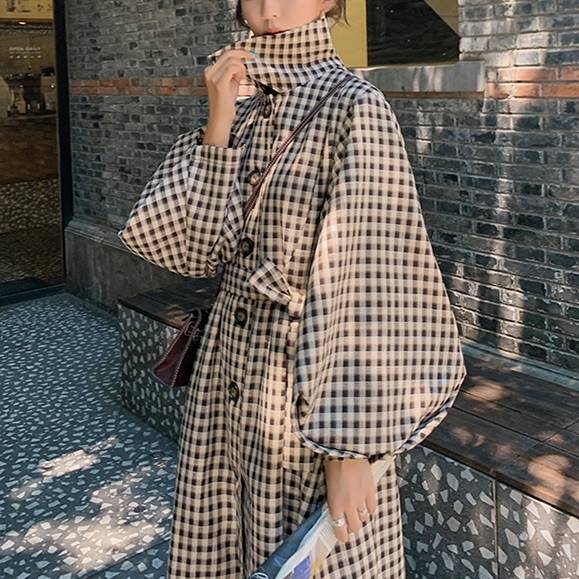 【急速出荷】トレンチコート アウター レディース コート ロング 薄手 チェック柄 ボリューム袖 格子柄 フレンチ レトロ 大人可愛い カジュアル きれいめ コーデ スタンドカラー ウエストマーク ウ