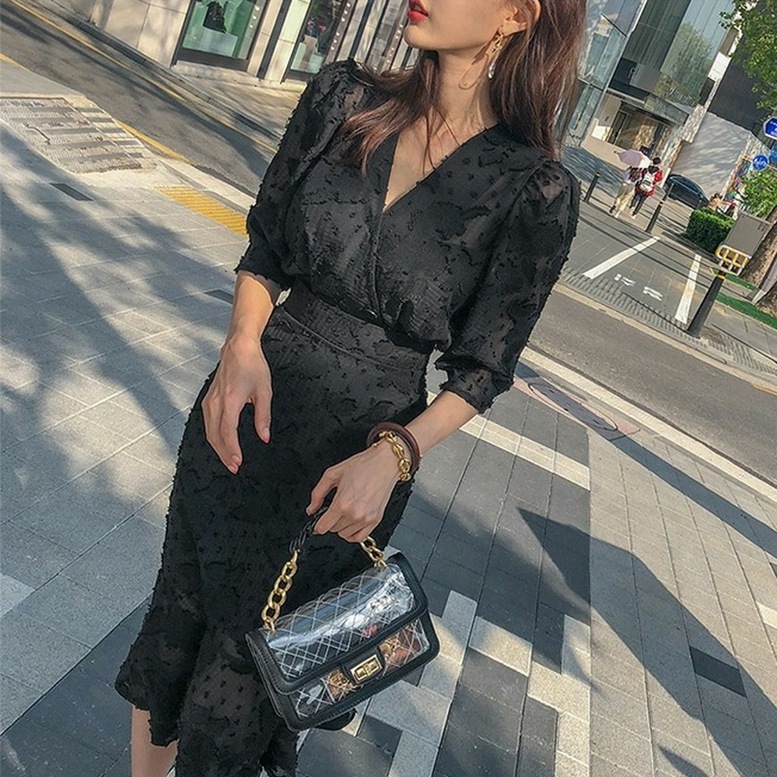 マーメイドワンピース レディース カシュクール パフスリーブ 裾フリル ハイウエスト 7分袖 Vネック ロング丈 ひざ下丈 ドレス ドット 刺繍 レース 花柄 ボタニカル 透け感 シースルー 黒