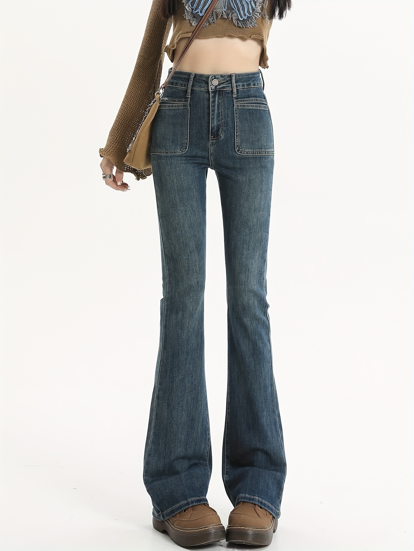 ハイウエストストレッチフレアジーンズスリムフィットストレッチベルボトムジーンズレディースデニムジーンズ&衣類