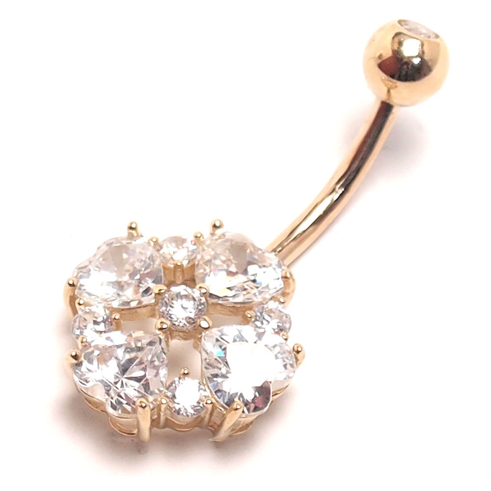 ヘソピアス 14G 14K ハートカットフラワー バナナバーベル ボディピアス へそピアス 耳ピアス