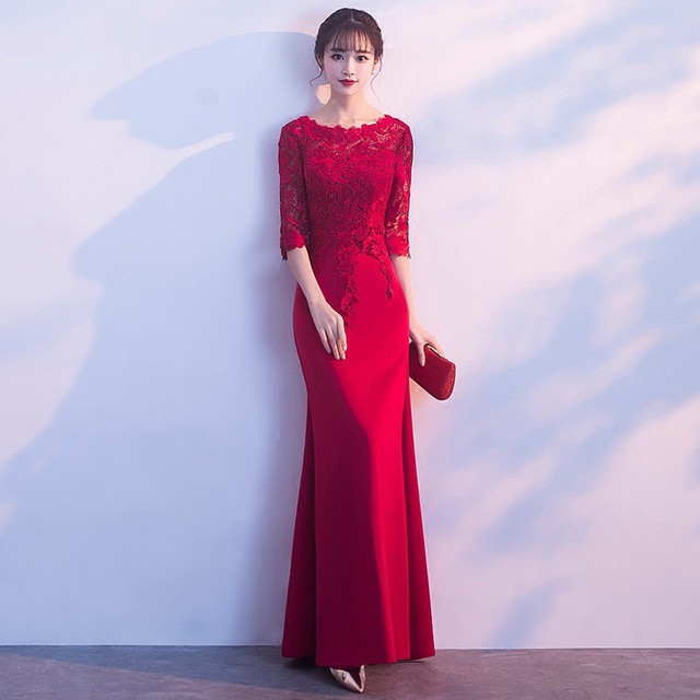 ワイン赤 結婚式ドレス レース サテン ゲストドレス キレイめ パーティードレス 袖あり 7分袖