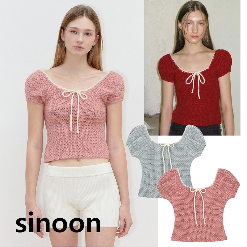 PUFF HALF KNIT TOP 4COLOR［LE SSERAFIM ホン・ウンチェ着用］韓国人気 レディース カジュアル おしゃれ シンプル トレンド半袖