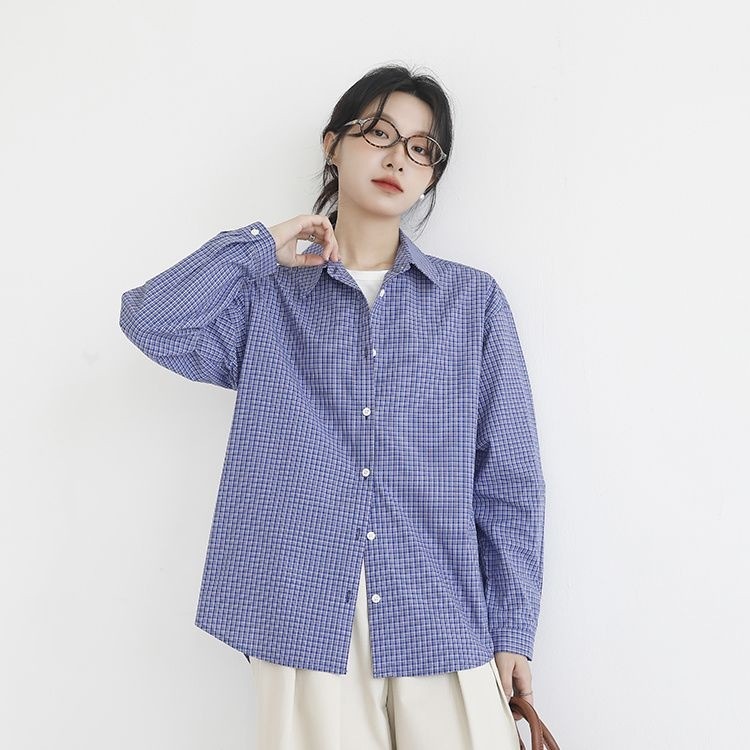 青 チェック シャツ レディース 長袖 アウター ゆったり ジェンダーレス ファッション 高級 レトロ シャツ カーディガン アウター1323