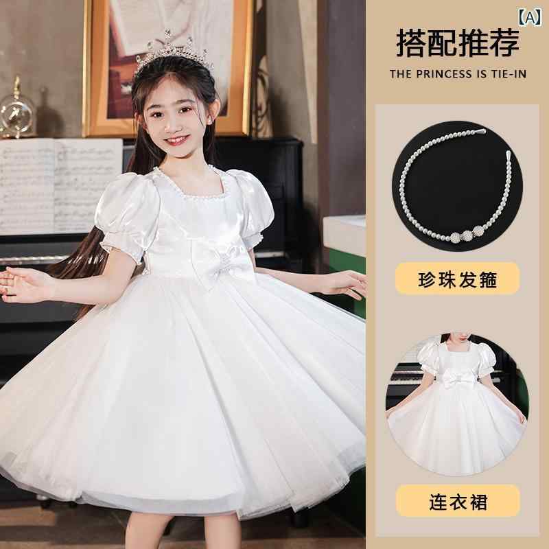 ドレス ガール ガーリー 女の子 白 白 ドレス 夏 ワンピース 子供 キッズ ガーゼ ボリューム パフスカート シフォン 少女 お誕生日会 プリンセス お姫様 リボン パール