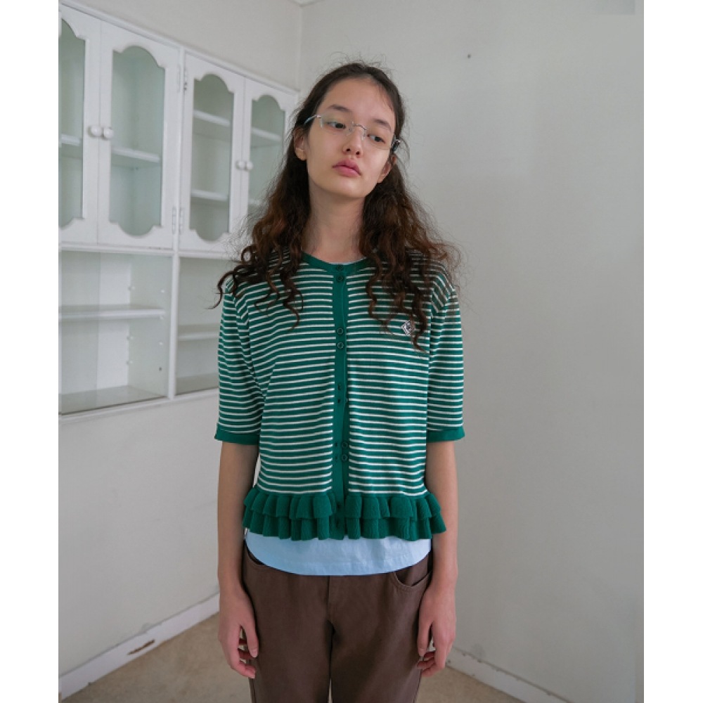 コンテンツなし 54.ストライプフリルカーディガン _ グリーン