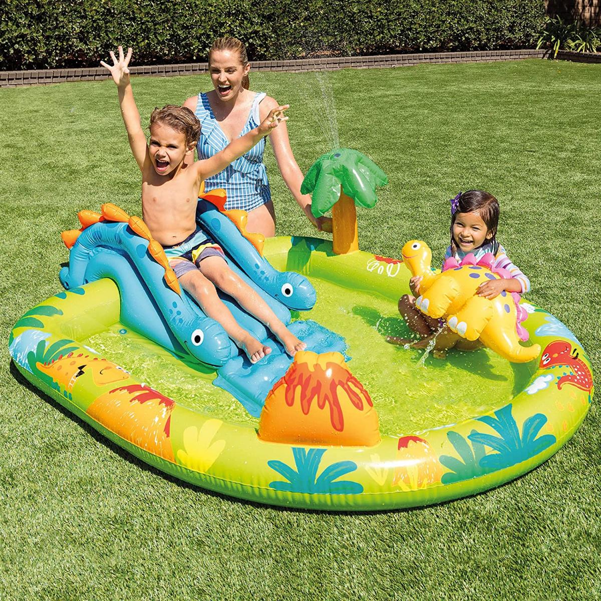 【2F】 【在庫有・即納】 INTEX 大型 プール リトルディノプレーセンター ビニールプール 滑り台 シャワー 浅め 恐竜 映え 家庭用 庭 インテックス 57166