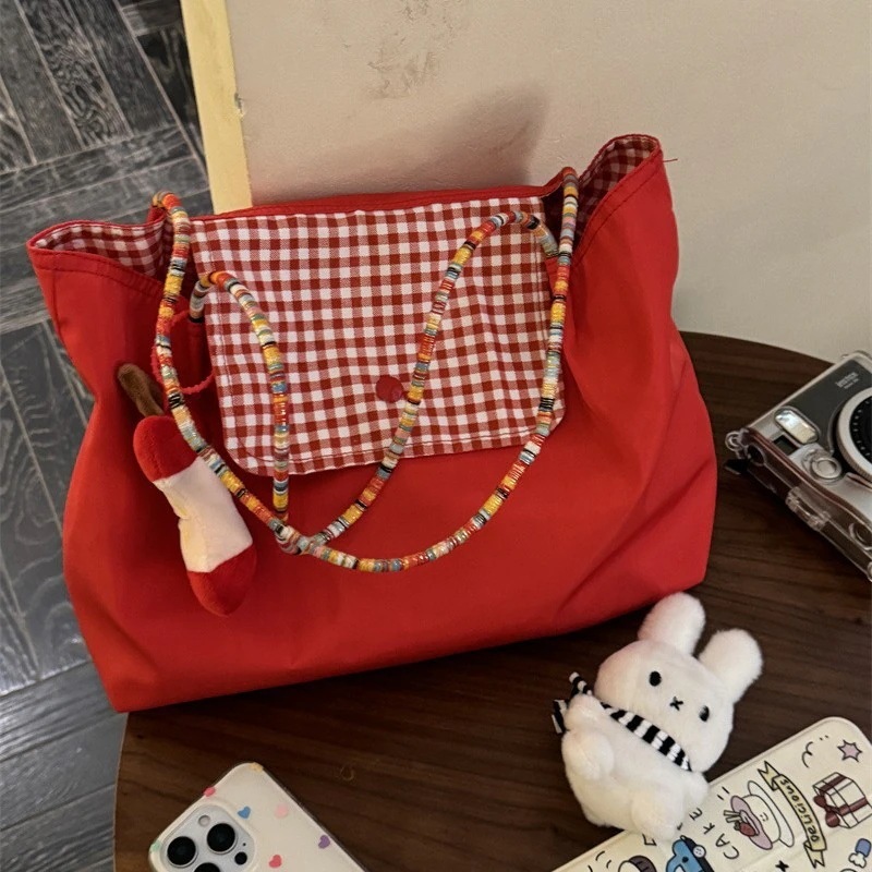 【20点セット】【送料無料】超大容量赤いワンショルダー手提げ格子リュック学生通勤レジャートートバッグ女