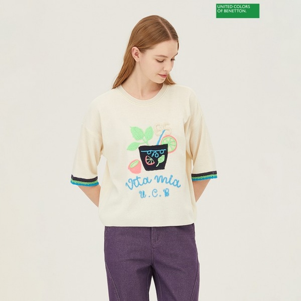 [ベネトン] ベネトンフラワーポット刺繍パッチニット BAKPA4511